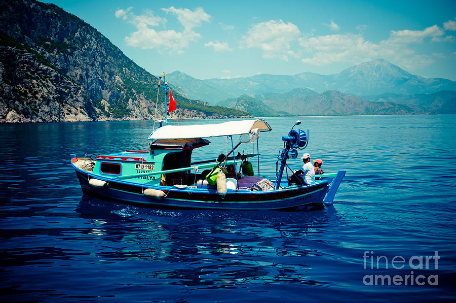 Boat and sapfir sea Seascape Artmif Photograph by Raimond Klavins