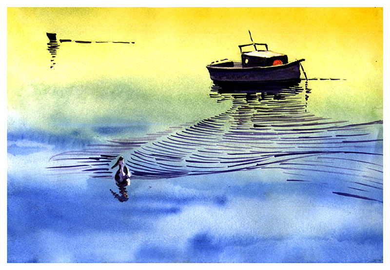Boat and the seagull Painting by Anil Nene