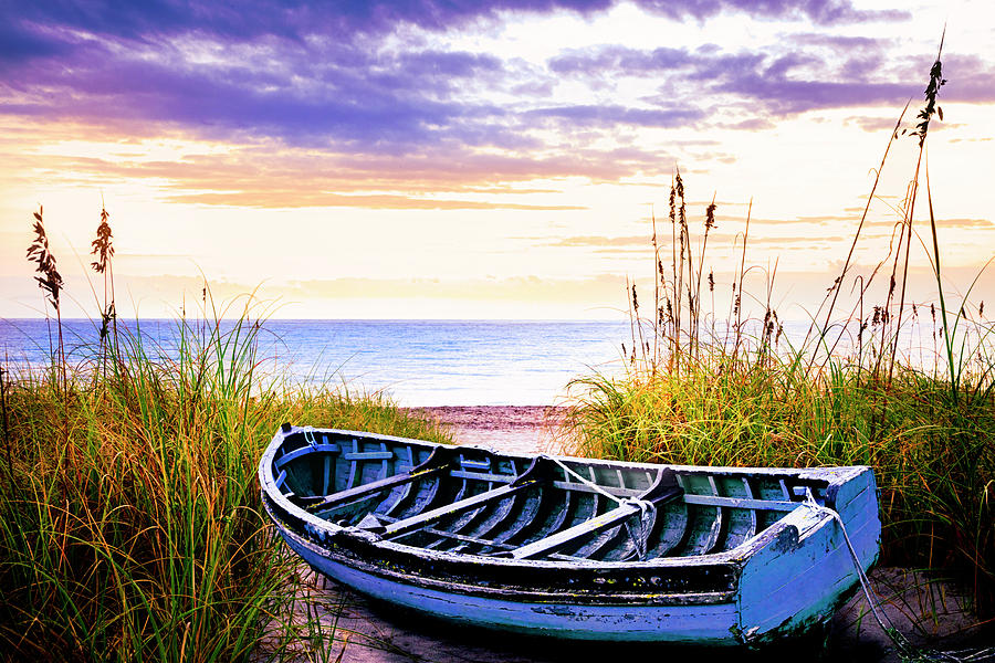 Boat at Dawn in Soft Golds and Lavender Photograph by Debra and Dave Vanderlaan