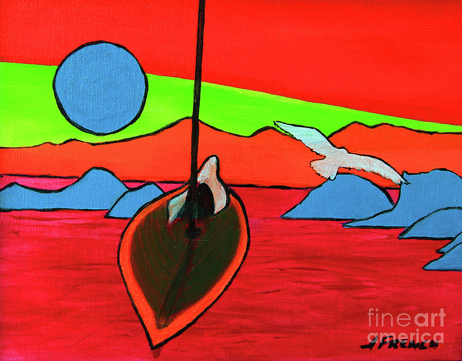 Boat, Bird and Moon Painting by Jeanette French