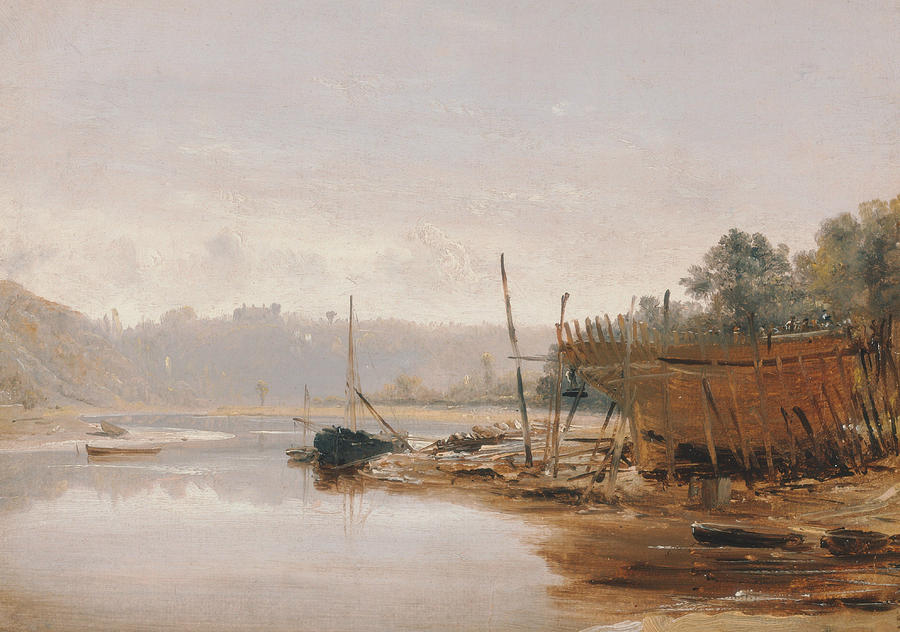 Boat Building near Dinan, Brittany Painting by Francis Danby