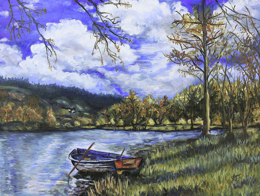 Fall Painting - Boat by the Lake by Shuanteya Sherman