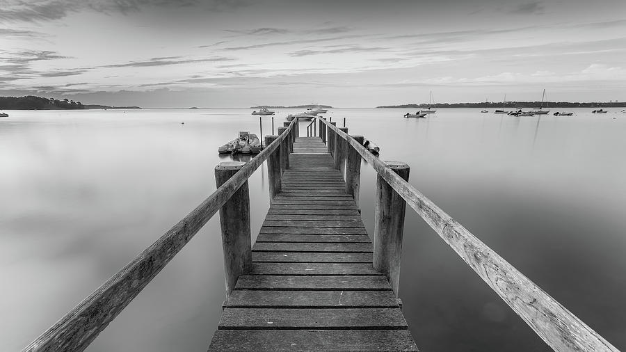 Boat Dock at Sunrise Black-and-White Panorama Photograph by Darius Aniunas