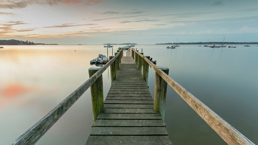 Boat Dock at Sunrise Grey Blue Panorama Photograph by Darius Aniunas