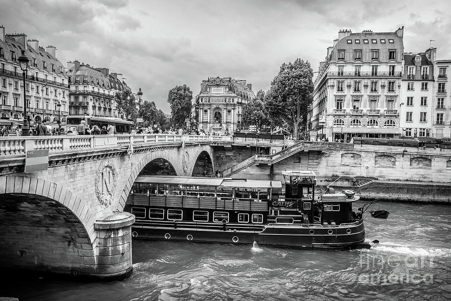 Black And White Photograph - Boat Going Under Pont au Change in Paris, Blk Wht by Liesl Walsh