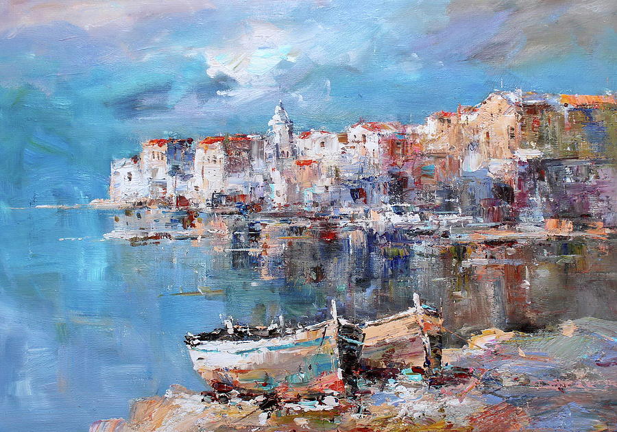 Boat in Harbor Modern Painting Painting by Luigi Paulini - Fine Art America