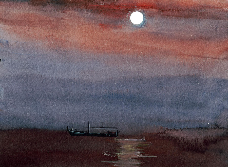 Boat in the moon Painting by Anil Nene