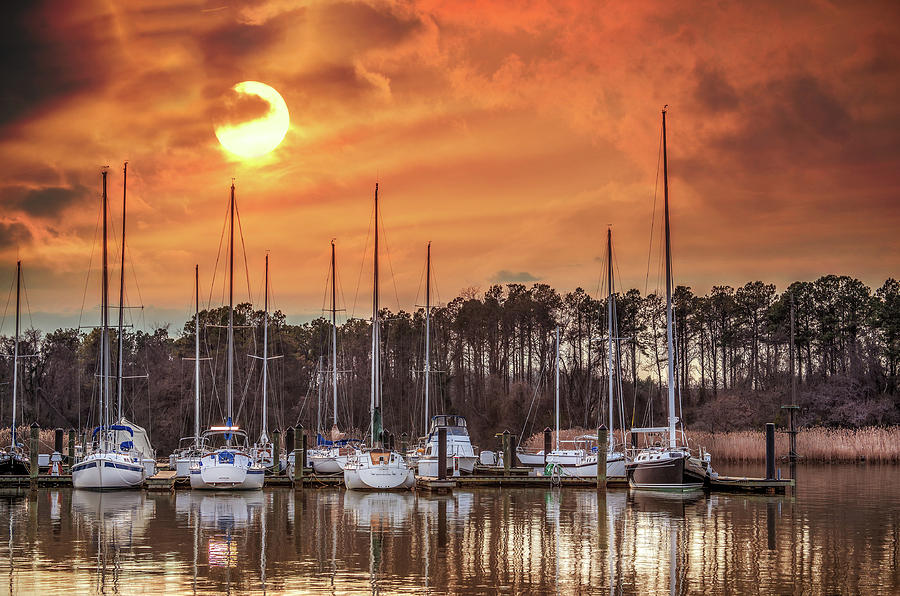 Boat marina on the Chesapeake Bay at sunset Photograph by Patrick Wolf