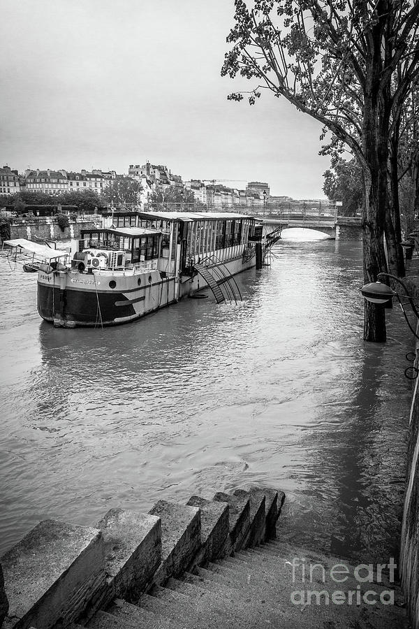 Boat Moored at Flooded Walkway Along Seine River, Paris, Blk Wht Photograph by Liesl Walsh