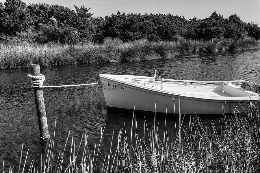 Boat on Pamlico Sound Ocracoke Island Outer Banks BW Photograph by Dan Carmichael