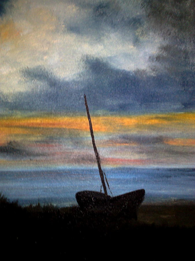 Sunset Painting - Boat On Shore by Zak Eissa