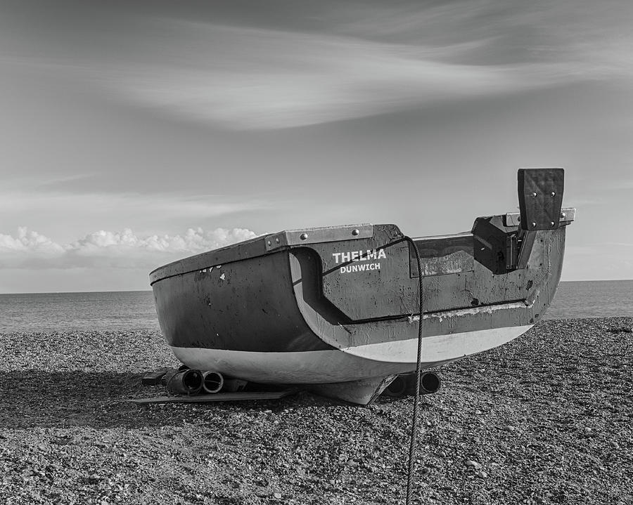 Boat on the Beach in B and W Photograph by Leah Palmer