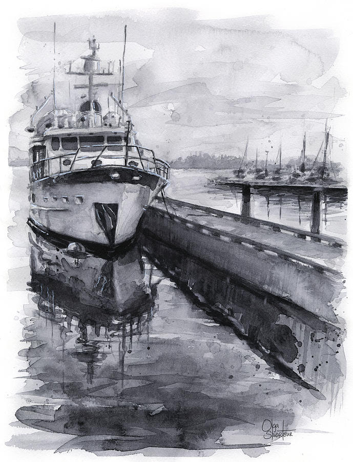 Black And White Painting - Boat on Waterfront Marina Kirkland Washington by Olga Shvartsur