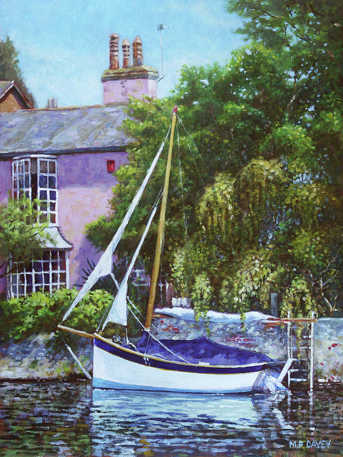 Architecture Painting - Boat with pink house on river by Martin Davey