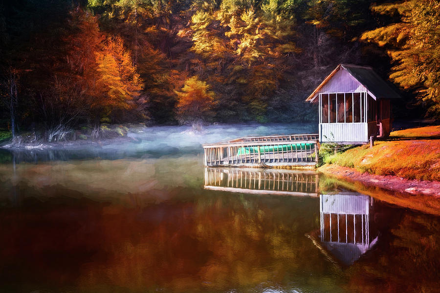 Boathouse in Autumn Oil Painting Photograph by Debra and Dave Vanderlaan
