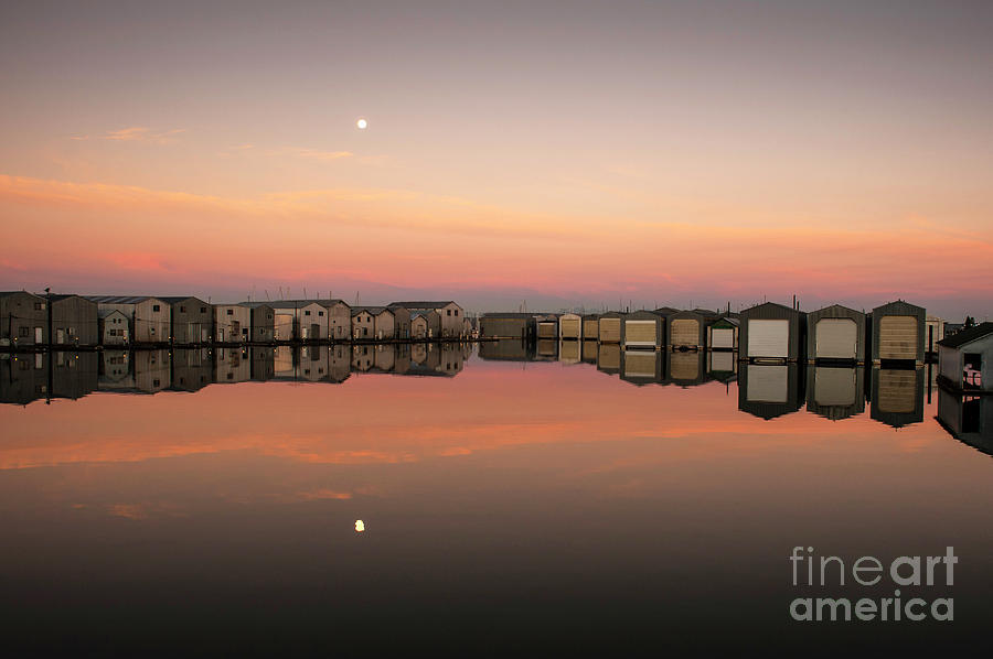 Boathouse Reflections with Moon Setting Photograph by Jim Corwin