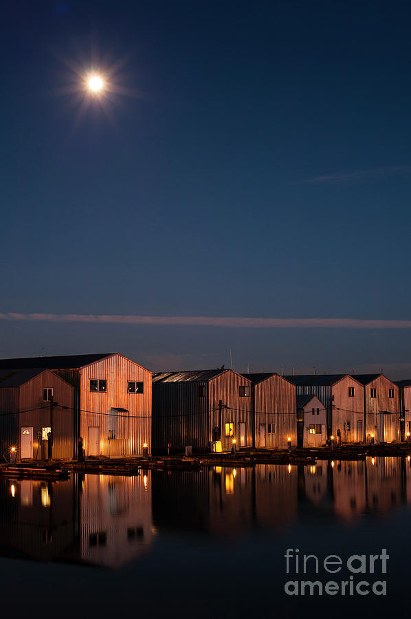 Boathouse Reflections with MoonSet Photograph by Jim Corwin