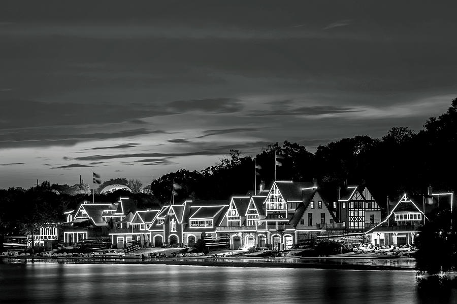 Boathouse Row Philadelphia Pa Night Black and White Photograph by Terry DeLuco