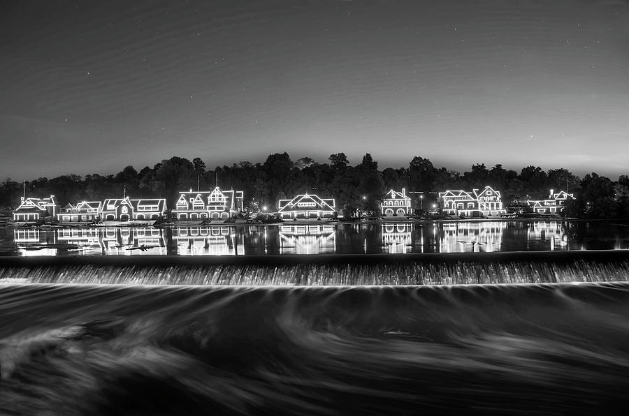 Boathouse Row Sparkling in the Night  in Black and White Photograph by Bill Cannon