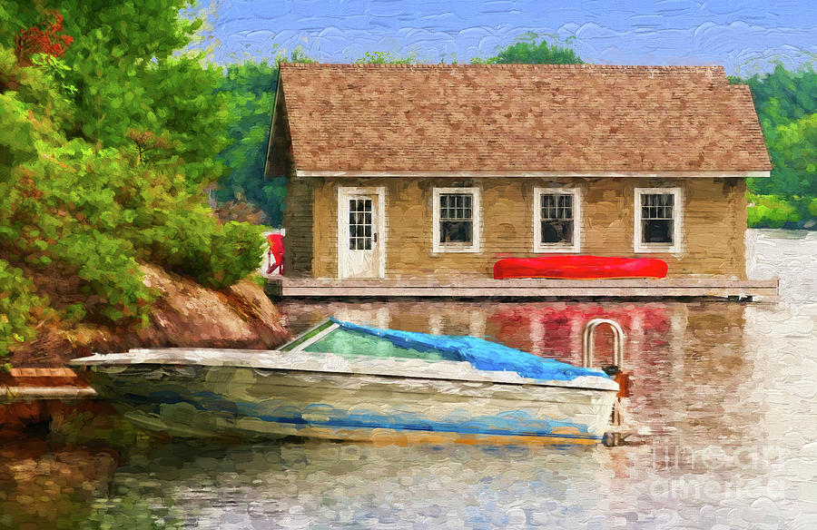 Boathouse with red canoe - painterly Photograph by Les Palenik