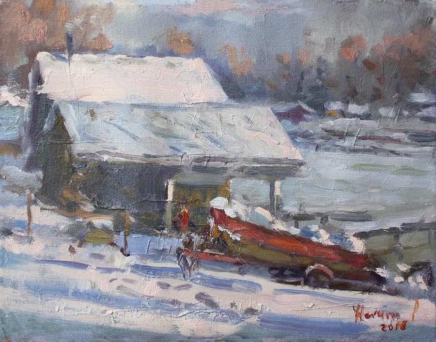 Tree Painting - Boathouses along Frozen Canal  by Ylli Haruni