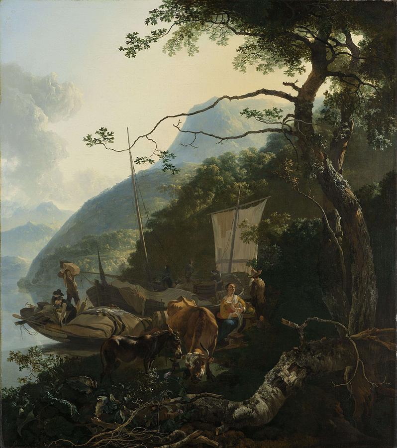 Boatmen Moored On The Shore Of An Italian Lake, Adam Pijnacker, 1650 - 1670 Painting