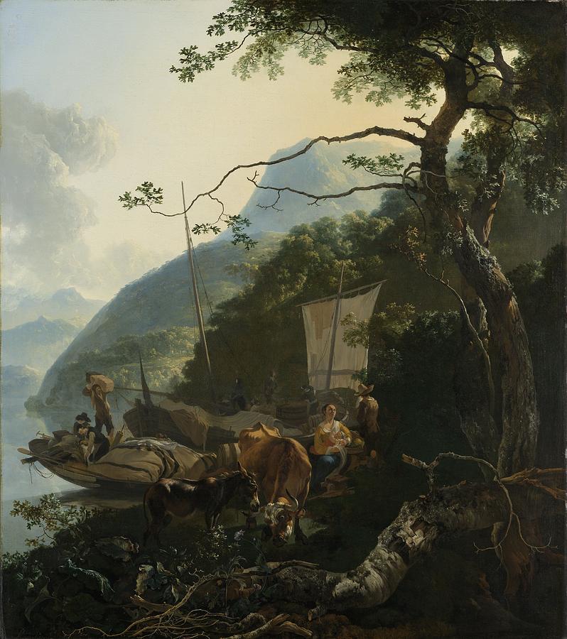 Boatmen Moored on the Shore of an Italian Lake Painting by Celestial Images