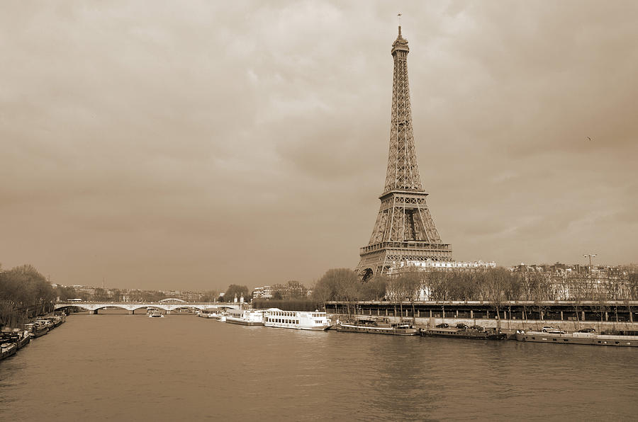 Boats Along the Seine River Left and Right Banks with Eiffel Tower Paris France Sepia Photograph by Shawn OBrien