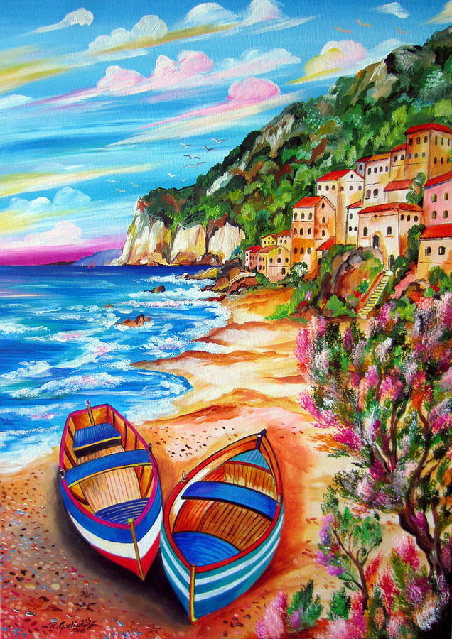 Boats and Fishermen village Painting by Roberto Gagliardi