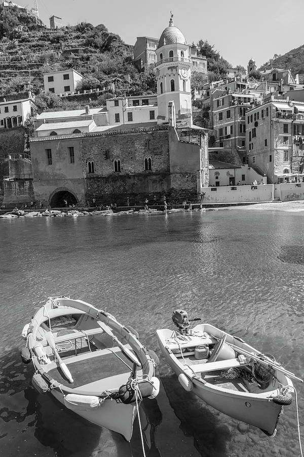 Boats and Manarola Black and White  Photograph by John McGraw
