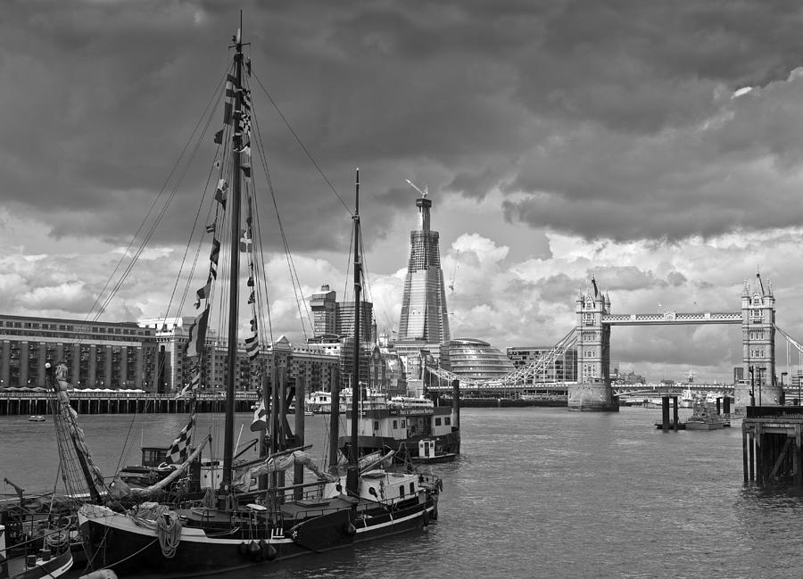 Boats and Shard and Tower Bridge BW Photograph by Gary Eason