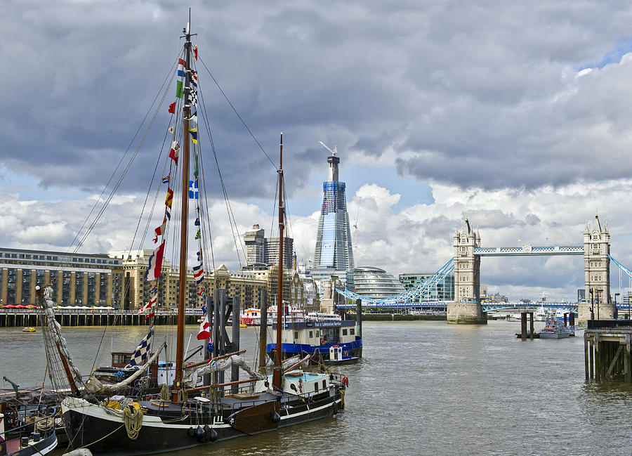 London Photograph - Boats and Shard and Tower Bridge by Gary Eason