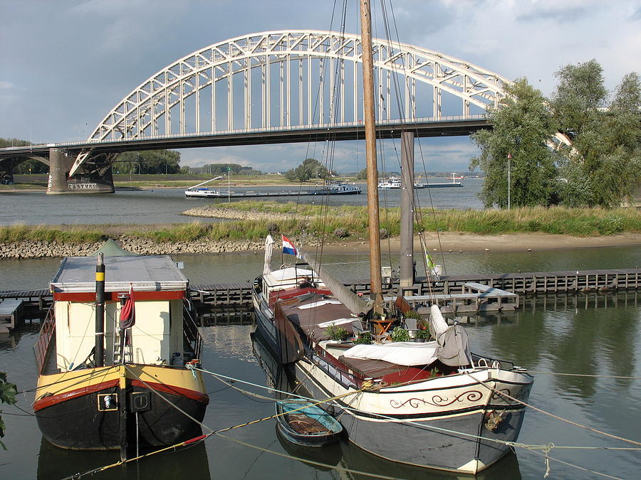 Boat Photograph - Boats and Waal Bridge at Nijmegen by Holland Scenery