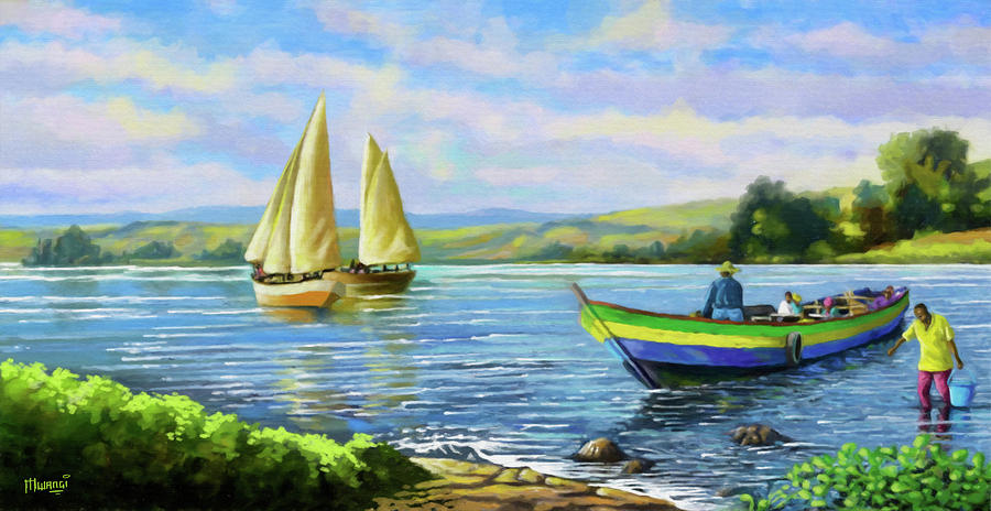 Boats at Lake Victoria Painting by Anthony Mwangi