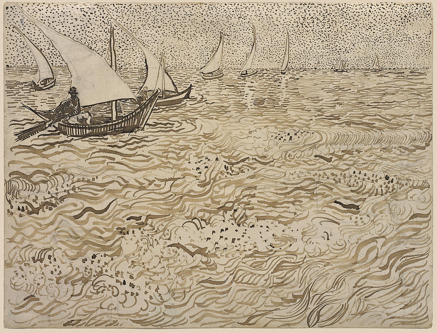 Boats at Saintes-Maries Drawing by Vincent van Gogh