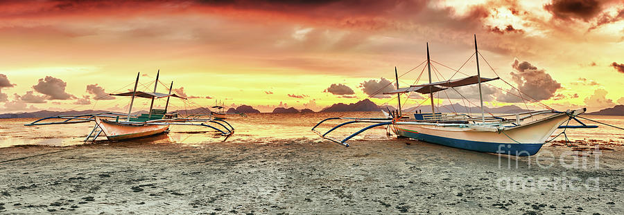 Boat Photograph - Boats at sunset by MotHaiBaPhoto Prints