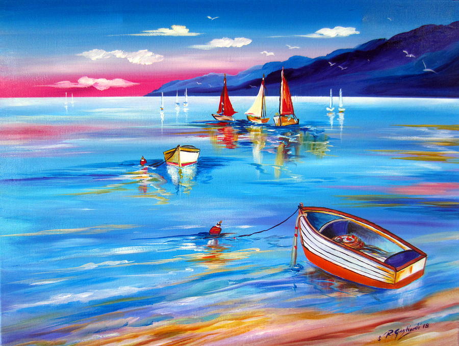 Boats At Sunset Painting by Roberto Gagliardi