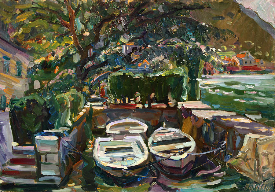 Boat Painting - Boats at the pier. SOLD by Juliya Zhukova