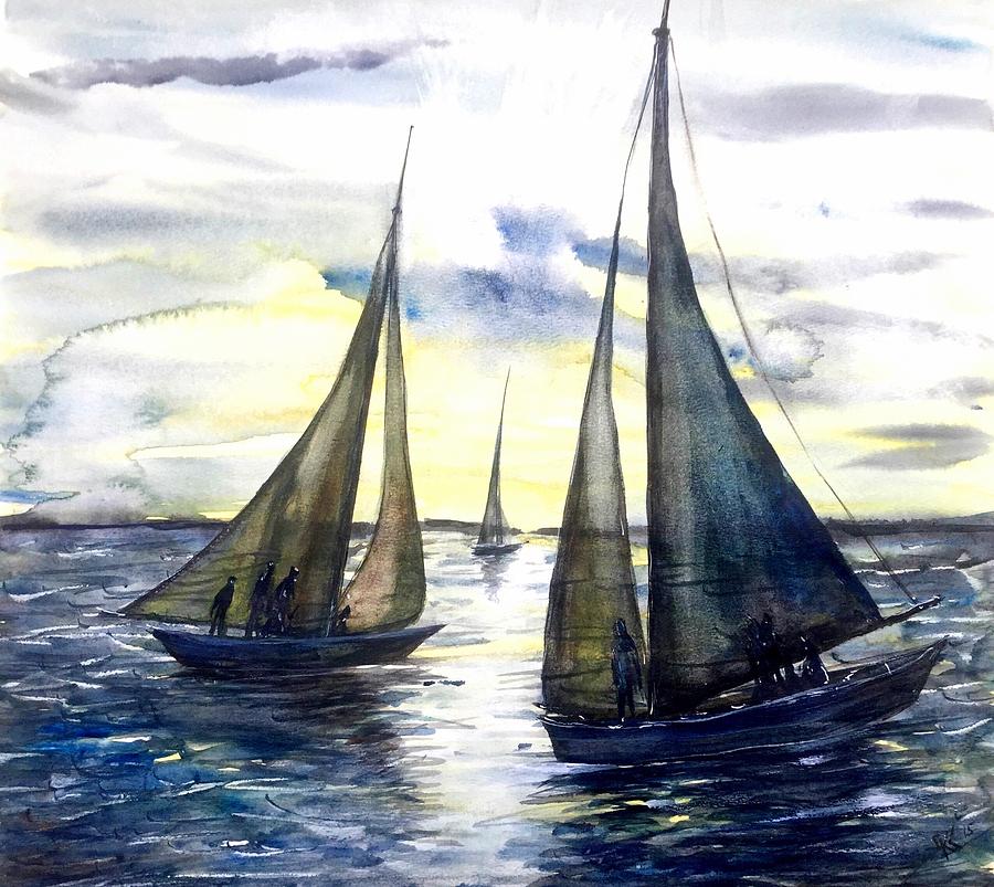 Boats at the sunset Painting by Katerina Kovatcheva