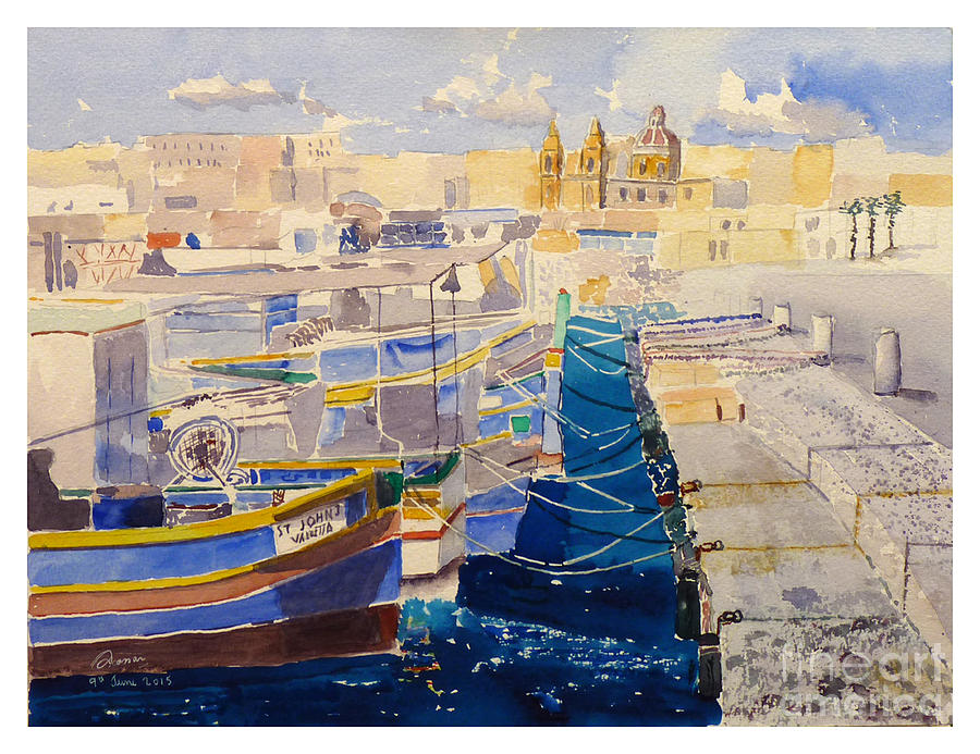boats berthed at Marsaxlokk Painting by Godwin Cassar