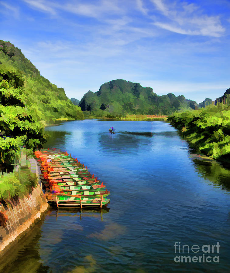 Landscape Photograph - Boats dock Tam Coc Vietnam  by Chuck Kuhn