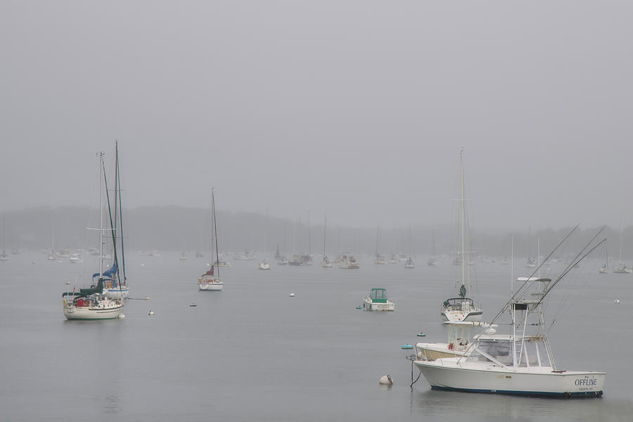 Boats Docked in a Foggy Harbor - Salem, Massachusetts Photograph by Joann Vitali