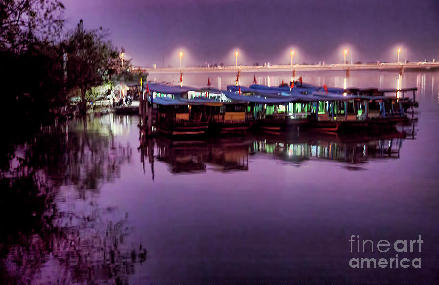 Boats Docked Mekong Delta Night Photo  Photograph by Chuck Kuhn