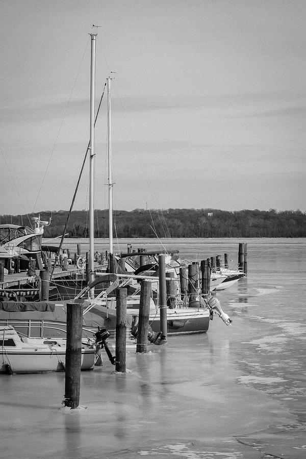 Boats In Icy Harbor in Black and White Photograph by Liz Albro