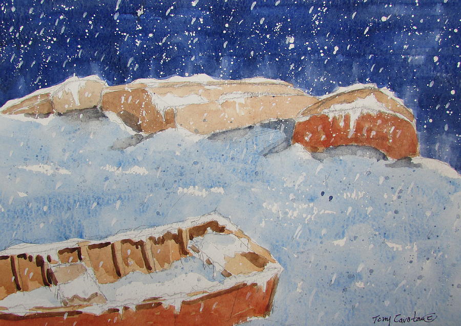 Boats In Snow Painting by Tony Caviston