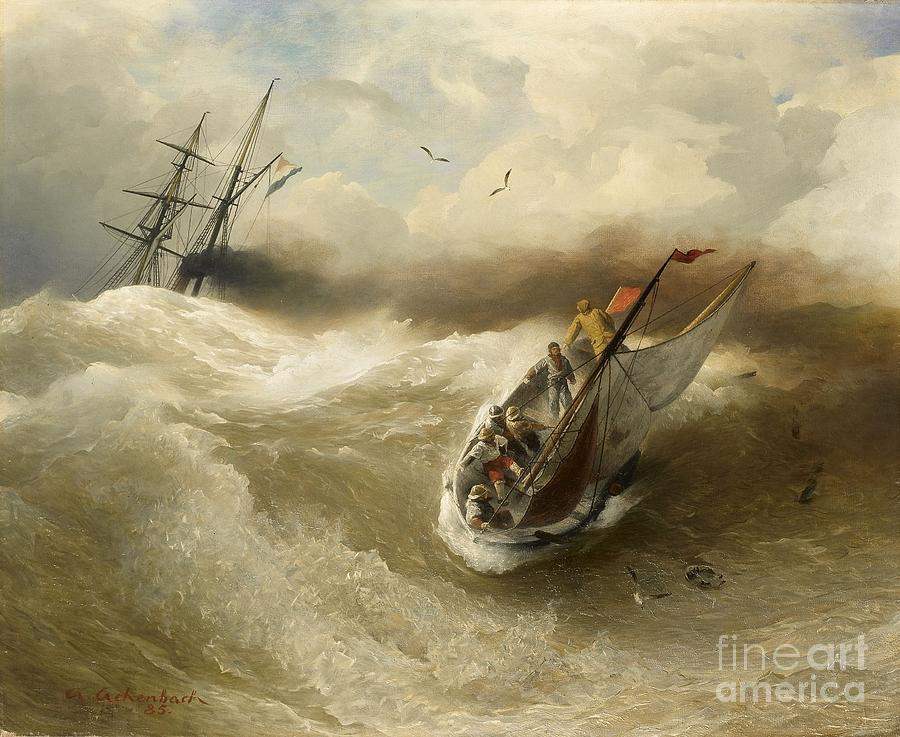Boats In Stormy Sea Painting