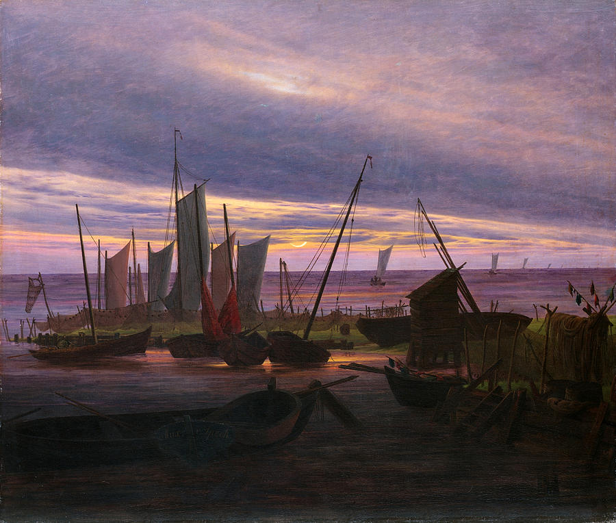 Boats in the Harbour at Evening Painting by Caspar David Friedrich