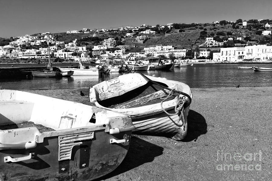 Boats in the Mykonos Old Port mono Photograph by John Rizzuto