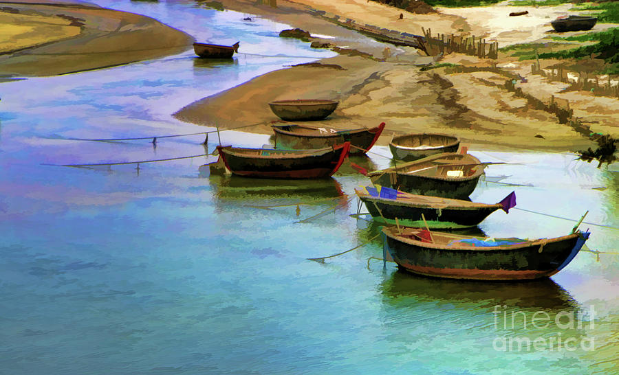 Boats Lake Vietnam Paint  Digital Art by Chuck Kuhn
