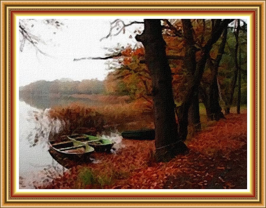 Boats Near The Lake Side. L B With Decorative Ornate Printed Frame. Painting